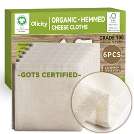 Organic Cheese Cloths, GOTS Certified, 6PCS, Grade 100, 20x20Inch Hemmed Cheese Cloth Fabric Reusable Fine Mesh Cloth, 100% Cotton Unbleached Muslin Cheesecloth for Straining, Cooking, Yogurt, Juicing