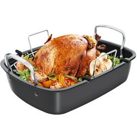 Slow Slog Roasting Pan, 17 Inch x 13 Inch Roaster with Removable Rack, Nonstick Roaster Pan for Roasting Turkey, Meat & Vegetables (Silver)