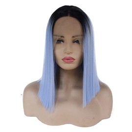 Kalisa Blue Lace Front Bob Wig - Short Ombre Blue Dark Root Middle Part With Baby Hair, Synthetic Heat Resistant Fibre Makeup Wig for Women, 14 Inches