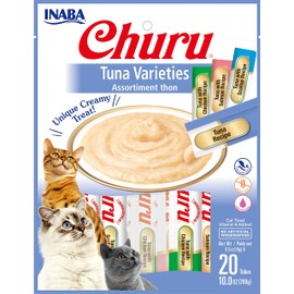 INABA Churu Lickable Purée Wet Treat for Cats | Hand Feed or as Food Topper | No Grains or Preservatives, with Added Vitamin E and Green Tea (Tuna Variety Pack, 20 Tubes)