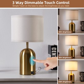 GyroVu Touch Control Table Lamps Set of 2, Bedside Table Lamps for Bedrooms Set of 2 Modern Living Room 3 Way Dimmable Gold Bedside Lamp for End Table with 2 USB Charging Ports, 2 Bulbs Included