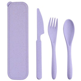 Reusable Travel Utensils with Case, Wheat Straw Portable Plastic Fork Spoons Knife Tableware, Eco-Friendly BPA Free Camping Cutlery for Lunch Box Accessories Work Picnic or Daily Use (Purple)