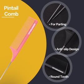 Goodofferplace 3 PCS Rat Tail Combs Parting Rattail Combs Teasing Fine Tooth Comb with Metal Pick for Curly Hair,Detangling Combs for Women,Parting Combs for Braiding,Styling Hair(Pink)