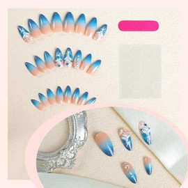 Almond Press on Nails Medium Blue Gradient French Tip False Nails Rhinestones Nails Glue on Nails with Flower Full Cover Acrylic Nails Artificial Coffin Nails Press Ones Stick on Nails for Women Girls