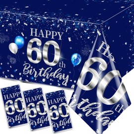 GREHUMOR 3Pcs 60th Birthday Tablecloth Decorations Sliver and Blue Table Cover Plastic 60th Happy Birthday Party Supplies for Men Women Disposable Waterproof Birthday Table Decorations…