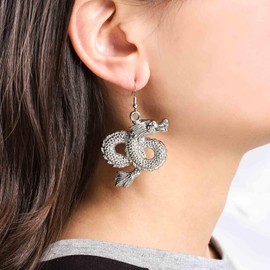 Inilbran Boho Dragon Dangle Earrings Vintage Exaggerate Dragon Earrings Silver Ancient Dragon Drop Earrings Animal Dragon Hook Earrings Jewelry for Women and Girls