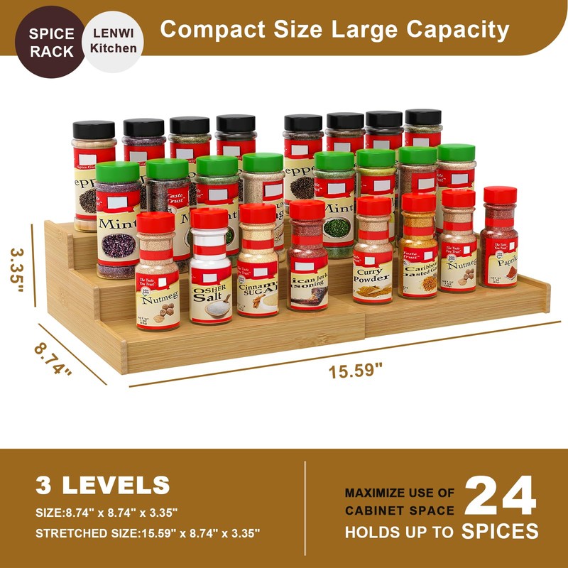 Lenwi Spice Rack Organizer for Cabinet, 3 Tier Expandable Bamboo