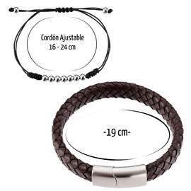 Omky Set Pulseras para Hombre | Pulsera de cuero trenzado negra cierre magnético de acero inoxidable | Pulsera de hilo ajustable acero inoxidable