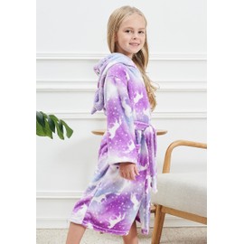 Girls Unicorn Hooded Robe with Matching Slippers, Headband, Blindfold Purple - 10-12 Years