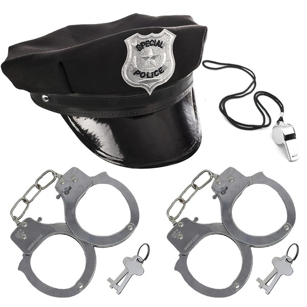 3 otters Police Hat for Kids, 4PCS Kids Police Accessories with Whistle Handcuffs Kids Cop Set for Halloween Kids Police Accessories Party