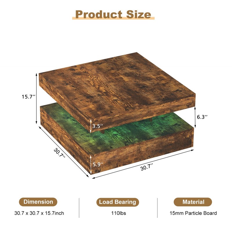 Square Coffee Table with LED Wood Low Coffee Table for