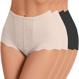 GAI YI 4Pack Women's High Waisted Underwear Moderate Tummy Control Shapewear Panties Stretch Lace Briefs for Women 2Black+2Skin XL