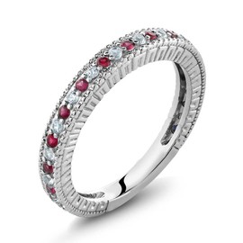 Gem Stone King 925 Sterling Silver Red Created Ruby and White Created Sapphire Women Wedding Band Ring (0.48 Cttw, Available 5,6,7,8,9) (Size 9)