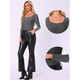 Allegra K Party Bodysuits for Women's Metallic Shiny Dots Square Neck Long Sleeve Top X-Large Silver Black