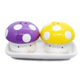 Eghver Mushroom Salt and Pepper Shakers Cute, Ceramic Mushroom Canister Set, Kitchen Decor Cottagecore Accessories (Purple, Yellow)