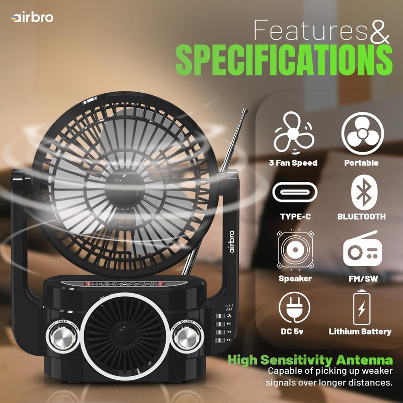 Airbro Rechargeable Camping Fan with Bluetooth Speaker & Radio –