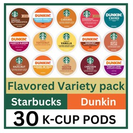 30 Count -- Flavored Starbucks & Dunkin Variety Pack Coffee Pods K Cup Sampler – Starbucks - Hazelnut, Cinnamon Dolce, Maple Pecan, Smoked Butterscotch, Toasted Graham, Caramel, Vanilla & Toffeenut. Dunkin - Turtle Love, Candy'd Almond, Caramel Me Crazy,