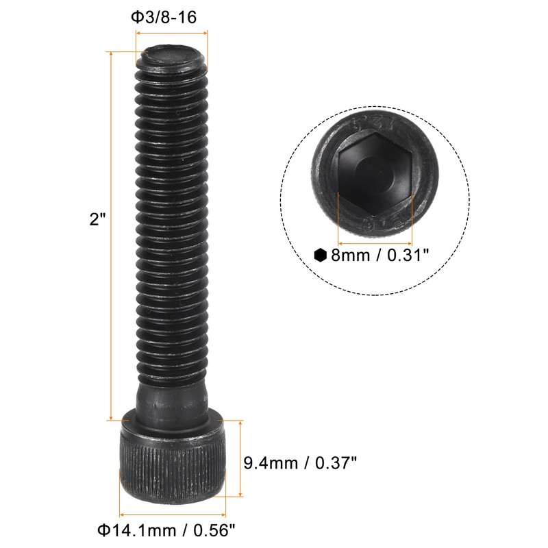 sourcing map 3/8-16x2" Hex Socket Head Cap Screw Bolts 12.9