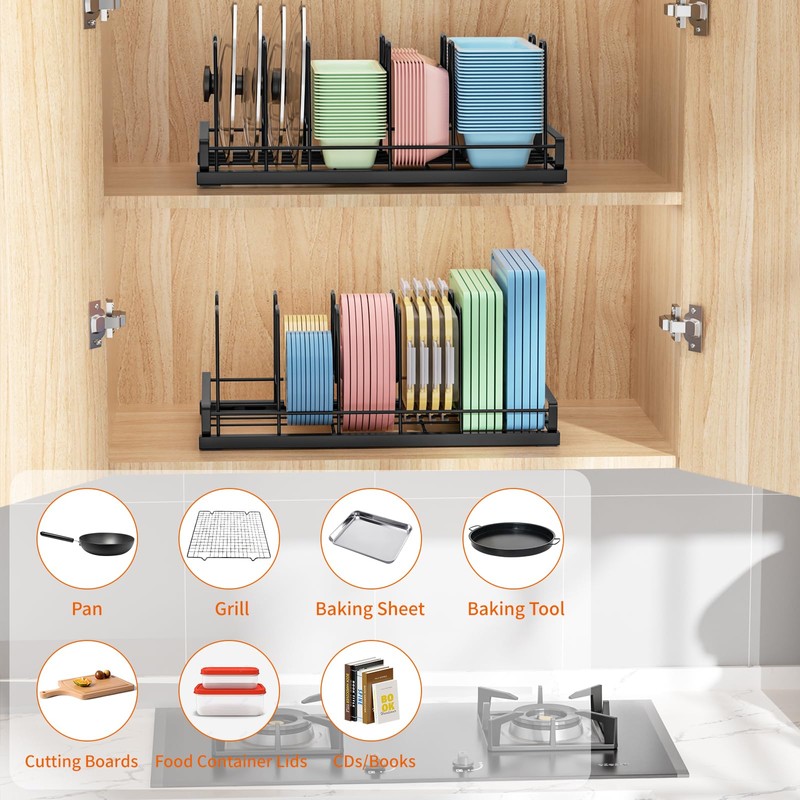 Food Container Lid Organizer for Cabinet, 6 Adjustable Dividers Metal