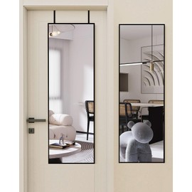 DMWOODFL DMWOODFL 48"x14" Over The Door Full Length Mirror - Wall Mounted or Hanging with 2 Metal Hooks, Space-Saving Black Mirror for Bedroom, Bathroom, Living Room Decor