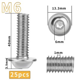 Pack of 25 Rounded Head Screws M6 x 40 Stainless Steel Screws A2 V2A Flat Head Screws ISO 7380 Rounded Head Screws Rustproof Screws Threaded Screws Full Thread with Flange, Hexalobular and Hex Key