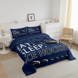 Feelyou Ice Hockey Comforter Set Queen Navy Blue Bedding Set for Kids Sports Theme Comforter Women Men Teens Ultra Soft Decor Ball Games Quilt Set