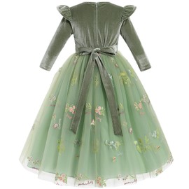 IDOPIP Embroidery Flower Girls Velvet Tutu Dress for Kids Princess Birthday Party Formal Wedding Dresses Toddler Pageant Communion Holiday Gown Long Sleeve Fall Winter Clothes Green 9-10 Years