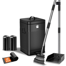 Kopuncare Dog Poop Trash Can Outside, 12L/3.1Gal Metal Dog Waste Trash Can with Lid, Foot Pedal, Waste Container with 40 Bags, Pet Poop Bucket with Lid Soft Close for Pet, Rectangular Black