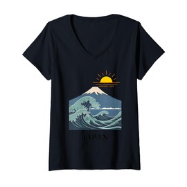 Womens Japanese Wave & Mount Fuji and Rising Sun Traditional Nature V-Neck T-Shirt