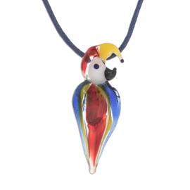 NOVICA Artisan Handmade Handblown Glass Pendant Necklace Macaw from Costa Rica Recycled Animal Themed Bird [necklace Length 14 in min L x 28 in max L Necklace Width 2 mm W Pendant(s) 1.4 In]