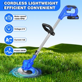 Cordless Strimmer 21V 1HR Fast Charge Battery Garden Strimmer, Lightweight Grass Cutter Machine with 12x Metal Blades, Cordless Grass Trimmer Height Adjustable with 2X Battery and Charger Included