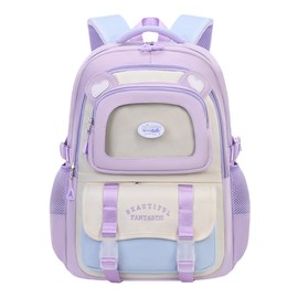 TYHOTULY Cute Aesthetic Girls Backpack Elementary Middle School Student Book Bag for Kids Teens Large Kawaii Preppy Bookbag for Ages 6-8 8-10 10-12 (Purple)