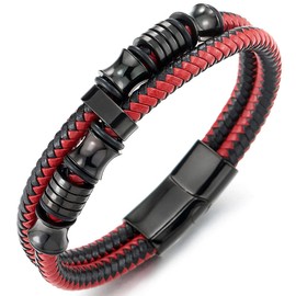 Mens Double-Row Black Red Braided Leather Bracelet Bangle Wristband with Black Stainless Steel Ornaments(CA)