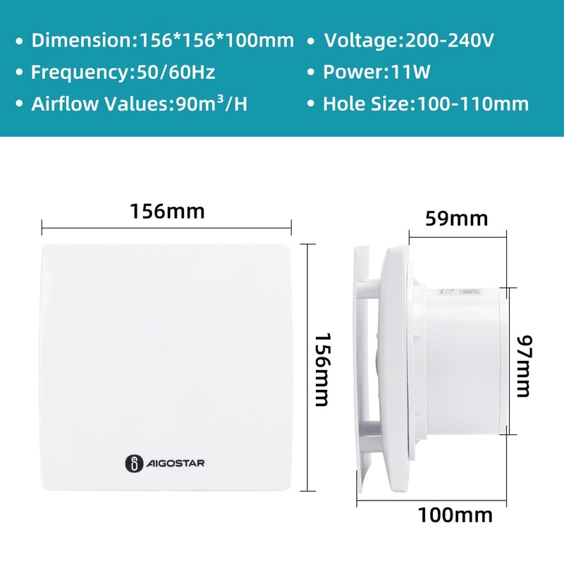 Aigostar Bathroom Fan 100 mm with Quiet Extractor Fan, 90