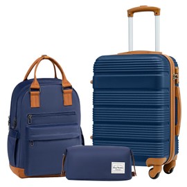 LONG VACATION Luggage Set 20 IN Carry on Suitcase ABS Handshell Luggage 3 Piece Set with TSA Lock Spinner Wheels (3 piece set (BP), NAVY)