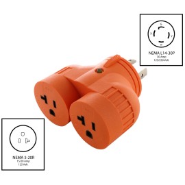 AC WORKS® 30A 125/250V NEMA L14-30 Male to 2 NEMA 5-20R V-DUO Outlet Splitter by AC WORKS®