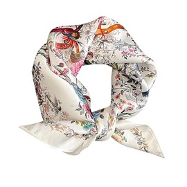 FEIBOON Mulberry Silk Scarfs Neck Scarf 21"x21" Small Square Scarfs hair scarf bandana Neckerchief Headscarf for Women Gift Packed-White Flowers and Birds