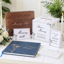 YUHUEDIT All-in-One Funeral Guest Book Set with Wooden Keepsake Box, Guest Book, 50 Blank Memory Cards, Card Drop Box,2 Pen，Table Sign & Instruction Card for Memorial Service & Celebration of Life