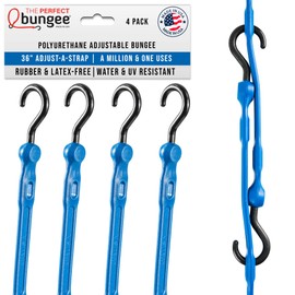 The Perfect Bungee 36” Adjust-A-Strap Rubber-Free Poly Bungee w Slotted Holes to Adjust Size, Stretches 2X Length, Non-Marring Nylon Hooks, UV Resistant, Heavy-Duty, All-Weather, Made in USA, Blue
