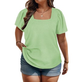 Womens Plus Size Tops Puff Sleeve Square Neck T Shirts Oversized Tunics Light Green 3XL