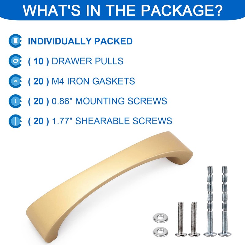 WEAVERBIRD 10 Pack Cabinet Handles Gold 3-3/4" Aluminum Alloy Drawer