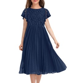 HOSIKA Girls Chiffon Flutter Sleeves A line Ruffle Lace Flower Girl Dresses for Wedding Pageant for 12-13 Years Navy Blue XL