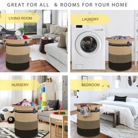 COMSE Extra Large Blanket Basket, Tall Laundry Basket, Nursery Hamper, 15.7”x 21.7”, Cotton Rope Woven Laundry Hamper for Storage Toys Clothes Towels, Brown/Black