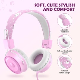BlueFire Kids Headphones with Mic, Children's Headphones with 85dB Volume Limited, Over Ear Stereo Headphones for Boys Girls, Child Headphones for Study School Online Course Tablet(Pink)