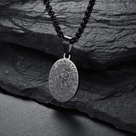 RONLLNA Bible Verse Prayer Necklace Free Chain Christian Jewelry Stainless Steel Praying Hands Coin Medal Pendant Black St Christopher
