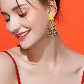 EVER FAITH Christmas Tree Earrings for Women, Gold Star Crystal Acrylic Dangle Earring Jewelry Gift for Women Holiday Party Festival Decoration Multicolor Gold-Tone