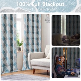 Ronaldecor Gray Blue Blackout Curtains 95 Inches Long for Living Room Bedroom Moroccan Trellis Print Window Treatments Panels Energy Saving Privacy Grommet Lined Drapes, 52x95, 2 Panels