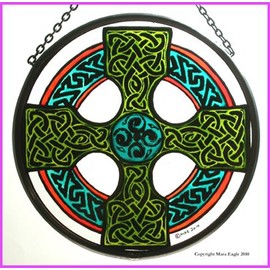 Decorative Hand Painted Stained Glass Window Sun Catcher/Roundel in a Celtic Cross Design.