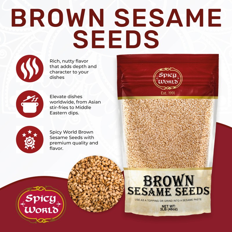 Spicy World Natural Brown Sesame Seeds 3 LB (48oz) -