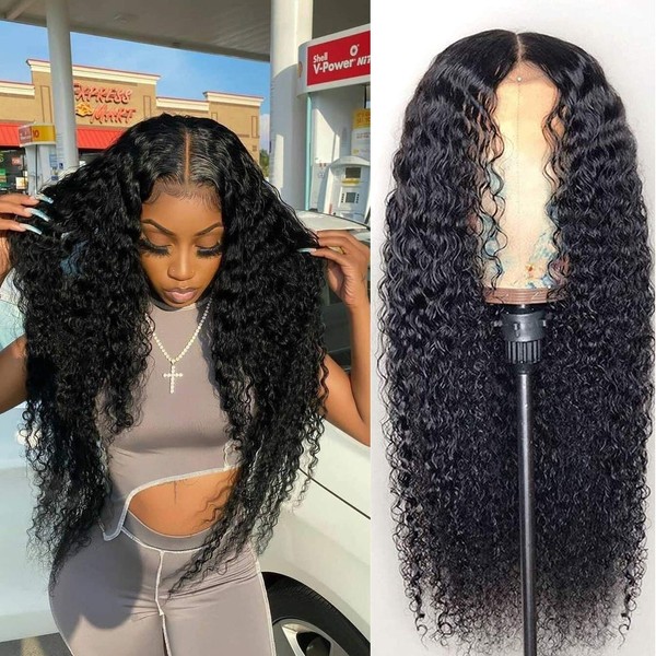 BLY 5x5 HD Transparent Lace Front Wigs Human Hair Deep Wave Lace Closure Wig 18 Inch 180% Density Pre Plucked Wigs for Women Natural Black Color Full & Thick